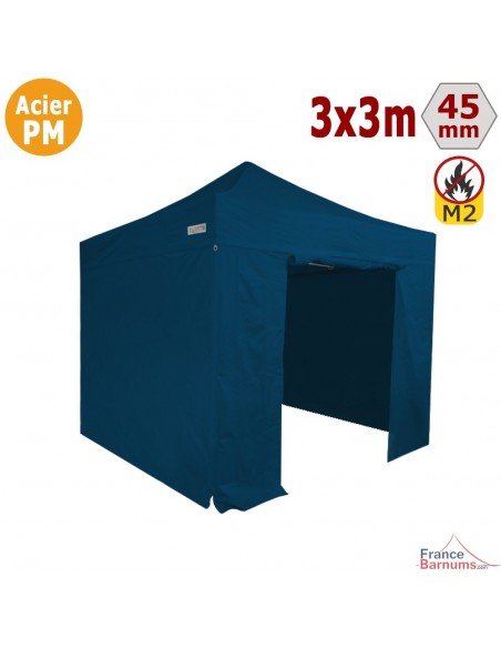 Barnum Pliant - Stand Acier Premium M2 3x3m BLEU + Pack Côtés 380gr/m²