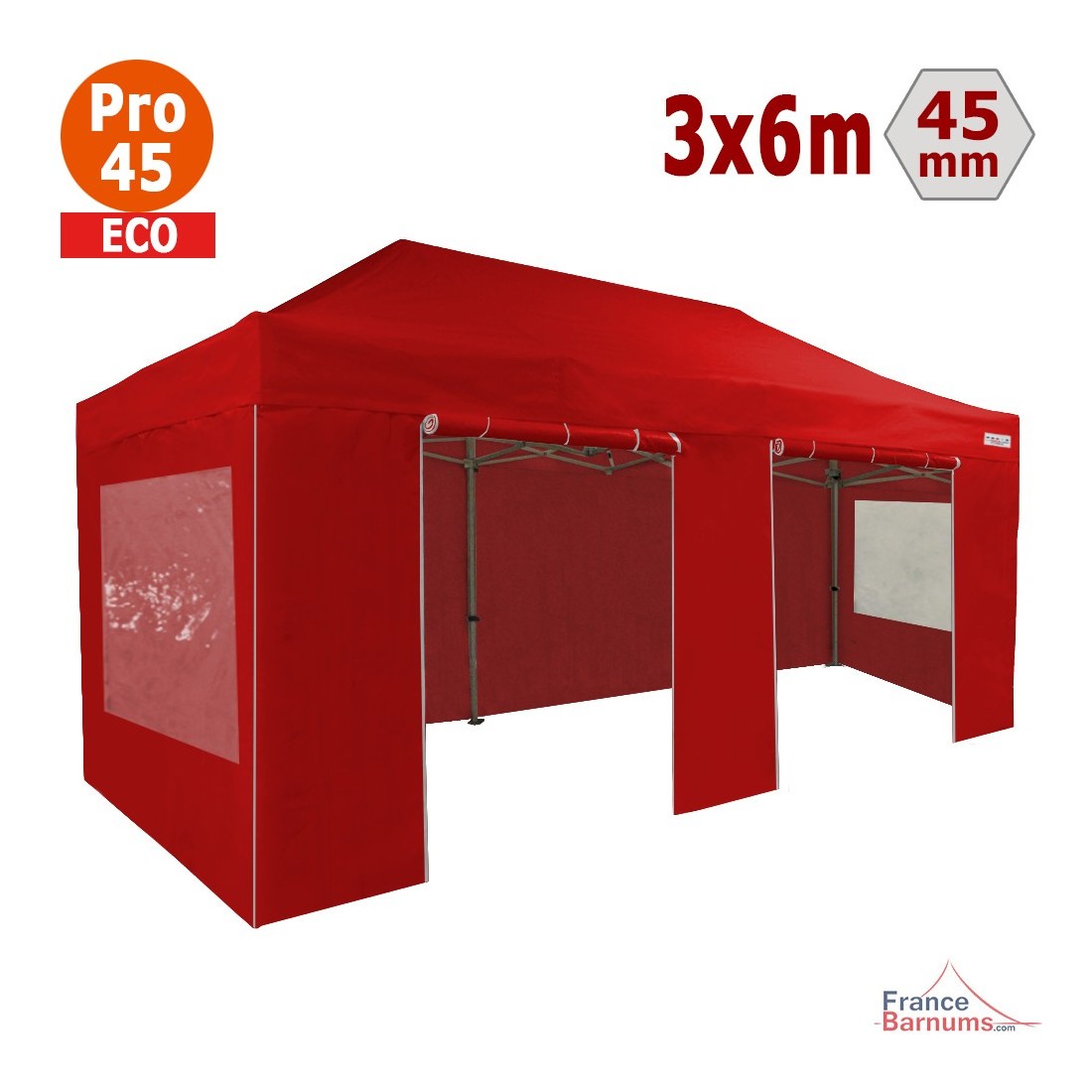 Tente pliante 3x6m Alu Pro 45 ECO (Rouge) avec Fenêtres - REF 1442F