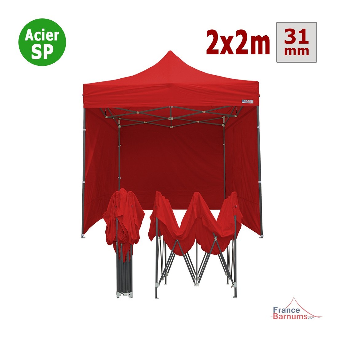 Tente pliante 2x2m Acier Semi Pro (Rouge) avec 4 Côtés - REF 102