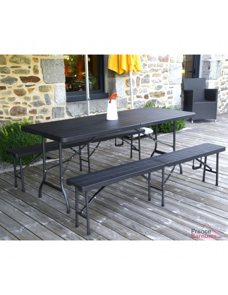 Pack TABLE RECTANGULAIRE pliante 1,80m + 2 BANCS pliants en HDPE noir imitation Bois