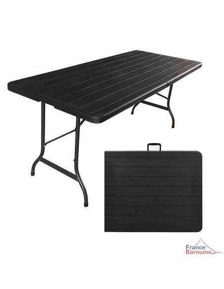 TABLE RECTANGULAIRE pliante en VALISE de 1,80m proposé en pack avec 8 CHAISES pliantes en HDPE noir décor Bois