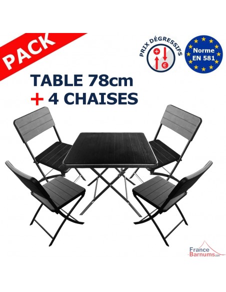 Pack TABLE CARRÉE pliante 78cm + 4 CHAISES pliantes en HDPE noir imitation Bois