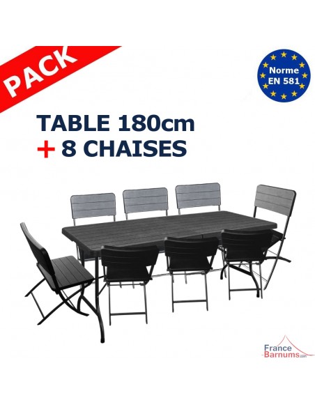 Pack TABLE RECTANGULAIRE pliante 1,80m + 8 CHAISES pliantes en HDPE noir décor Bois