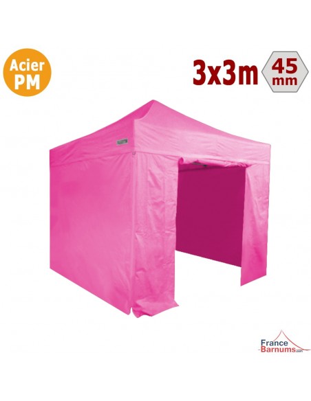 Barnum Pliant - Stand Acier Premium 3x3m ROSE + Pack Côtés 380gr/m²