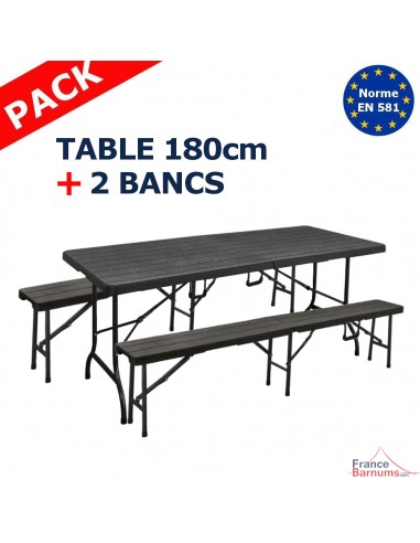 Lot TABLE RECTANGULAIRE pliante 1,80m & 2 BANCS pliants noir