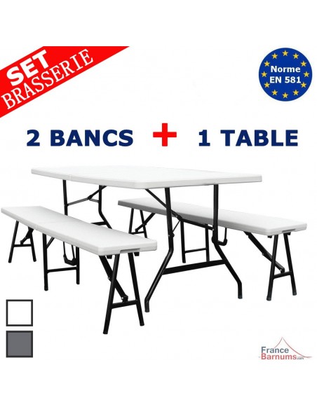 table + 2 bancs pliants blancs ou gris