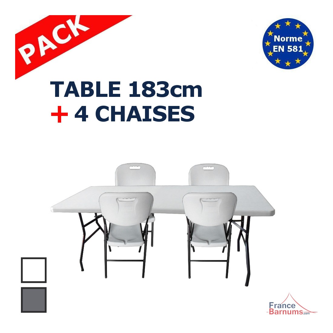 Lot TABLE RECTANGULAIRE pliante 1,83m et 4 CHAISES pliantes en blanc ou gris