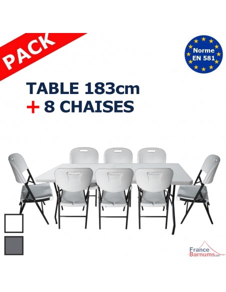 Ensemble table et 8 chaises pliantes en blanc ou en gris