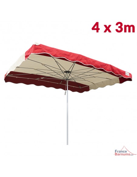 Parasol de marché télescopique 4mx3m bicolore ROUGE et BEIGE