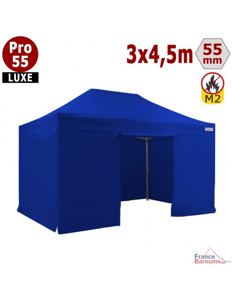 Barnum pliant 3x4,5m Alu Pro 55 en PVC bleu M2 avec Pack murs