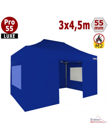 Barnum pliant 3x4,5m Alu Pro 55 en PVC bleu M2 avec Pack Fenêtres