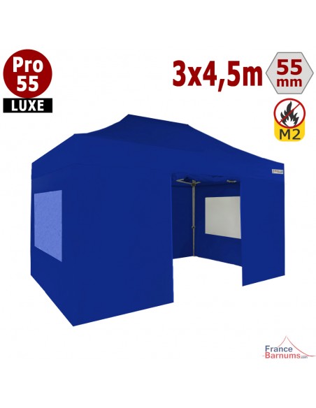Barnum pliant 3x4,5m Alu Pro 55 en PVC bleu M2 avec Pack Fenêtres