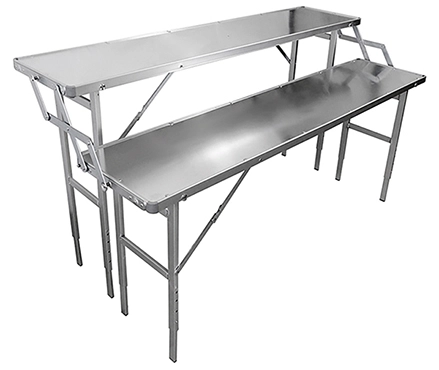 Table présentoir pliante en aluminium de 1,50 m avec deux plateaux de 34 cm